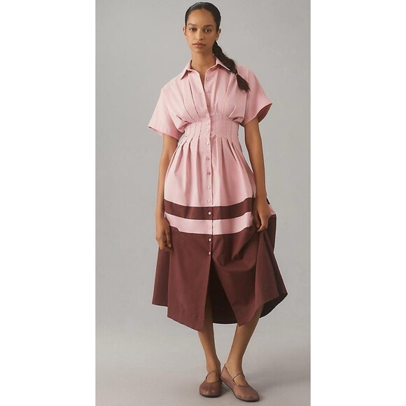 Exquise Anthropologie Midi Dress Pink Tobie Button Front Pleat Shirt Size XL NWT - Picture 1 of 11